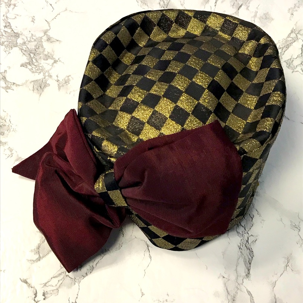 Vintage Diahann Carroll Bucket Hat Black/Gold Maroon Checkerboard Pattern 22.5”